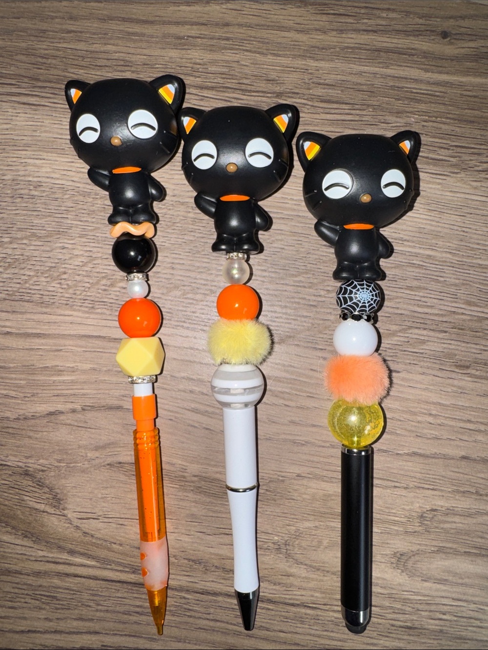 Cute Black Cat Beaded Pen Trio